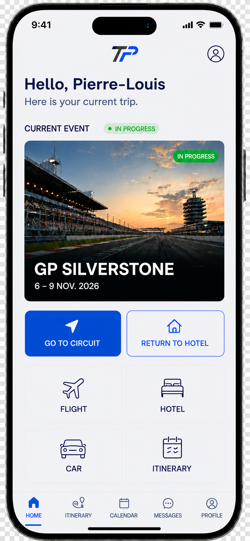 Travel Paddock mobile home screen showing the Silverstone trip